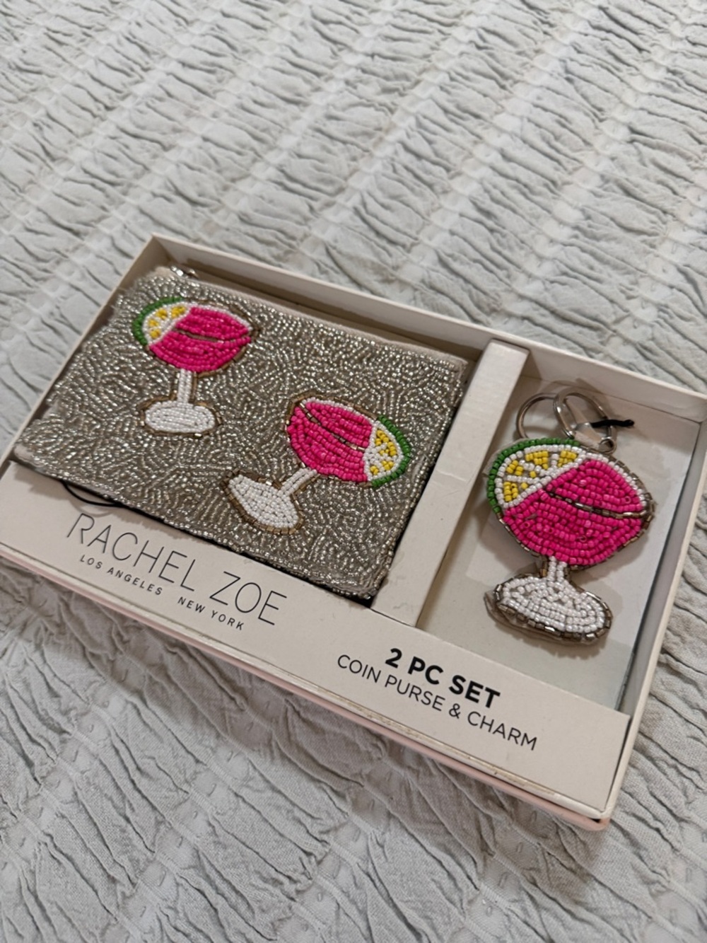 Rachel Zoe Silver Beaded Coin Purse & Hot Pink Cocktail Charm Set-NIB
